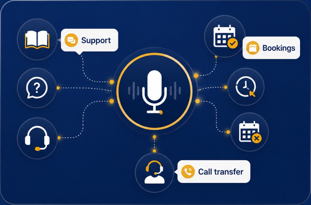 AI voice system diagram: support, bookings, and call transfer connected to a central voice assistant
